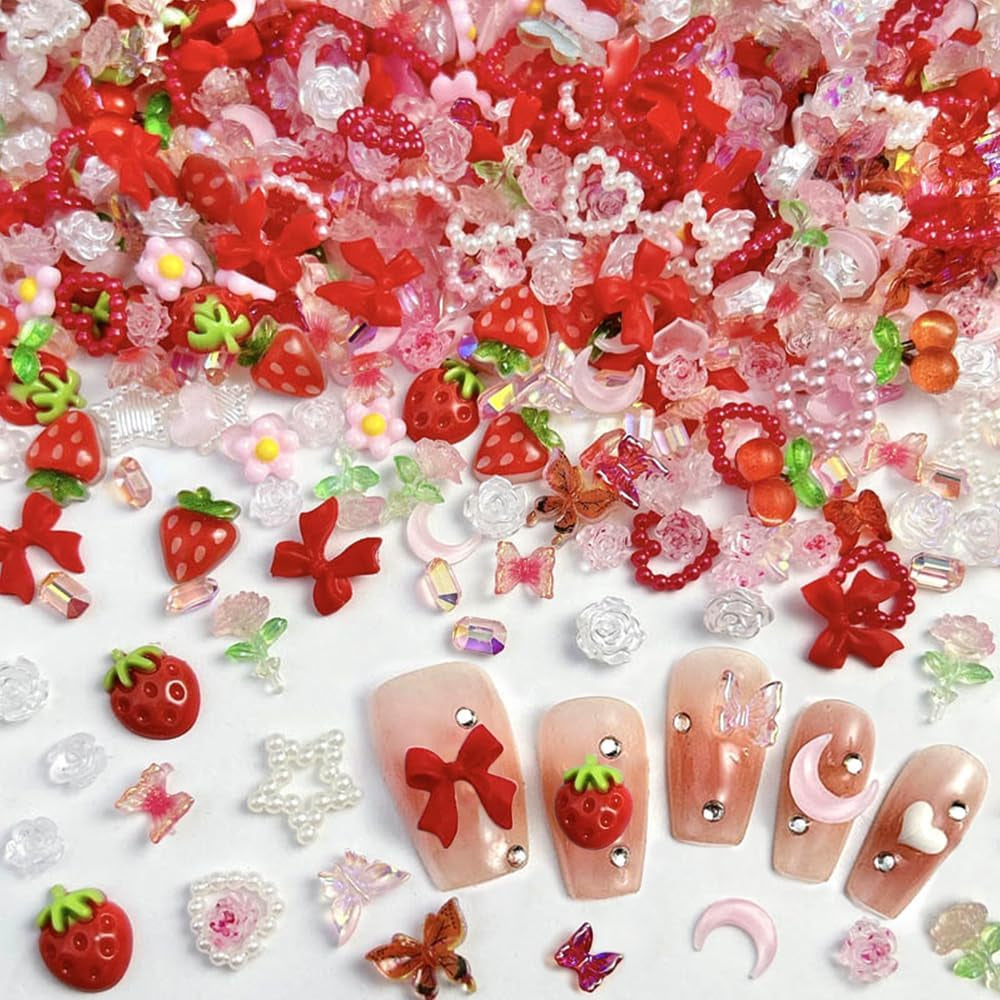 100Pcs 3D Nail Charms Rosa Rot Kirsche Erdbeere Blume Nagel Charms Kamelie Rose Schmetterling Nail Art Charms Flatback Herz Schleife Charms Nägel Zubehör Mond Stern Nagelschmuck Nageldesign Anhänger