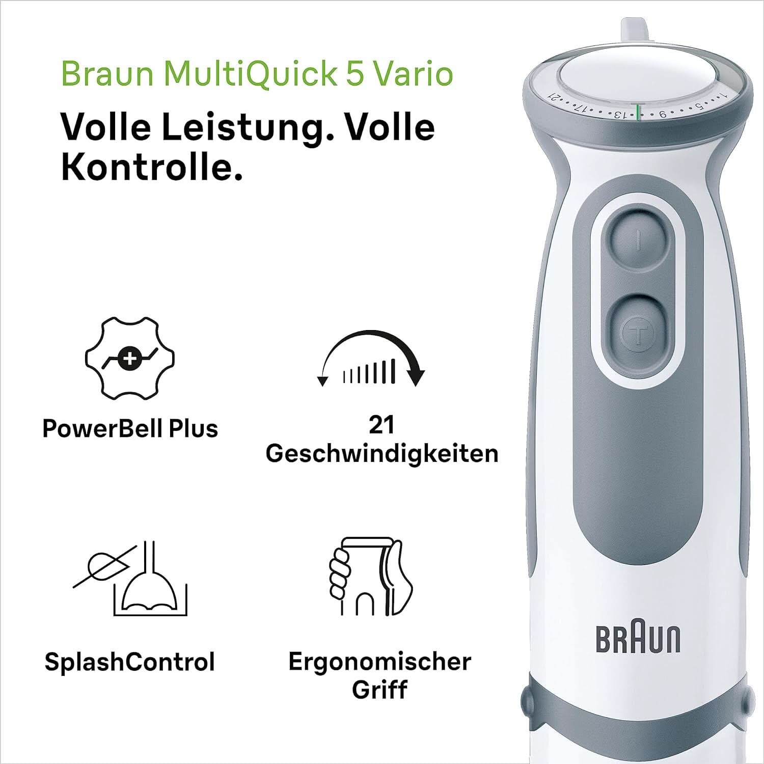 Braun Stabmixer MQ 5200WH - Multiquick 5 Vario Pürierstab Mit Edelstahl Mixfuß, 1000 Watt, Inkl. 600 Ml Mix- & Messbecher, Weiß/Grau Cocina Naty Shop