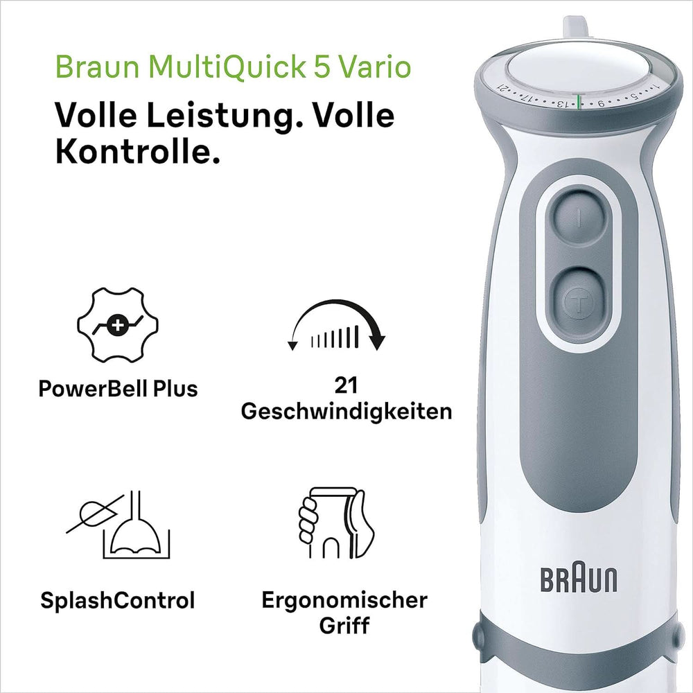 Braun Stabmixer MQ 5200WH - Multiquick 5 Vario Pürierstab Mit Edelstahl Mixfuß, 1000 Watt, Inkl. 600 Ml Mix- & Messbecher, Weiß/Grau Cocina Naty Shop