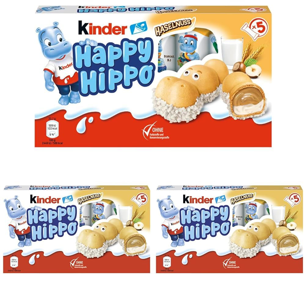 Kinder Happy Hippo Avellana - Obleas Crujientes Especiales con Leche y Crema de Avellanas - Dulces de Carnaval y Mardi Gras - 1 paquete que contiene 5 barritas individuales de 20,7g cada una