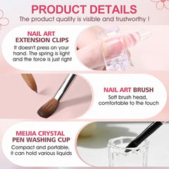 Soluție de îndreptare Polygel, Kit pentru unghii Polygel Slip Solution, Soluție de îndreptare 75 ml, Include 5 cleme pentru vârfuri de unghii, 3 perii de unghii, 1 cupă de cristal, 100 foi de curățare