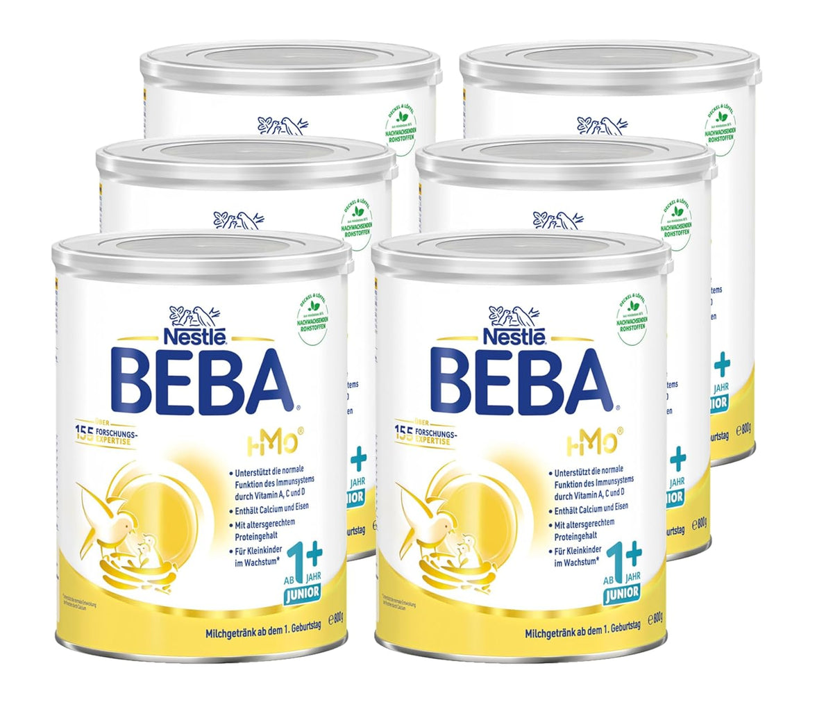 BEBA Junior 1+ bebida láctea a partir de 1 año, Con HMO, Contenido de proteínas apropiado para la edad, Solo lactosa, Sin aceite de palma, Sin aceite de pescado, Comida para niños pequeños, Leche en polvo para bebés, Paquete de 6 (6 x 800 g)