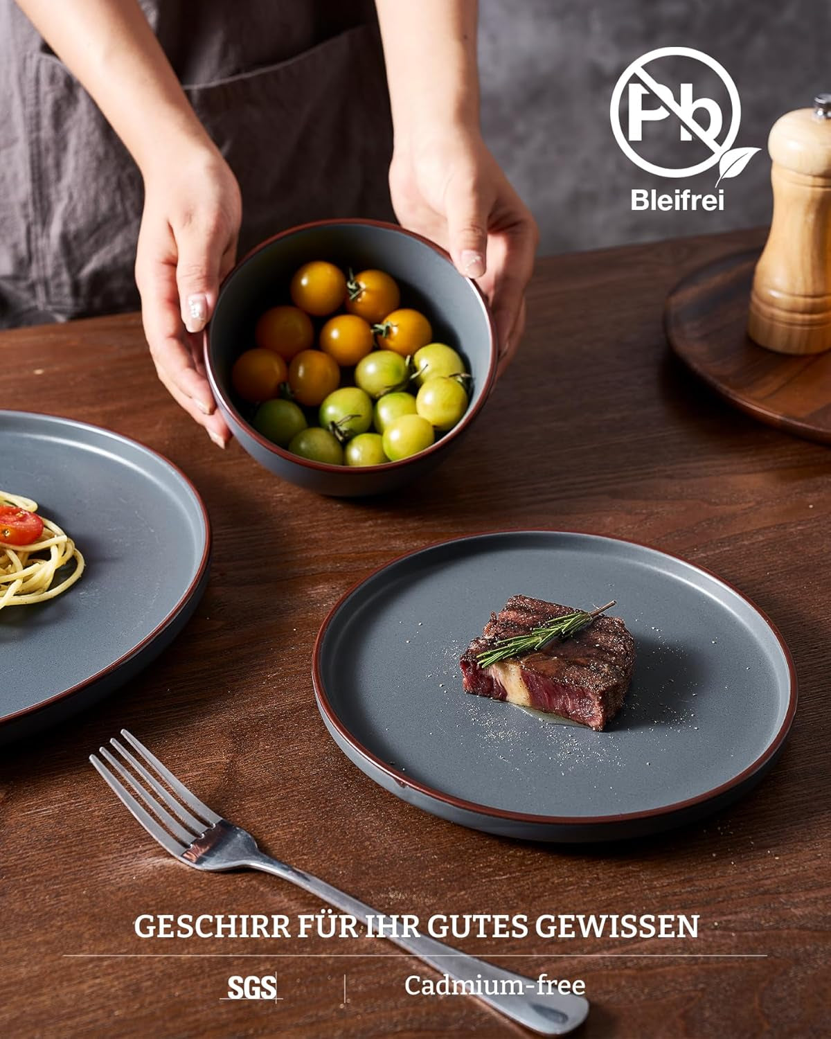 Set de veselă Mercury, set de farfurii cu 12 piese, set de veselă din gresie pentru 4 persoane cu farfurii de cină, farfurii de desert, boluri pentru cereale, potrivit pentru cuptorul cu microunde și mașina de spălat vase, gri cărbune