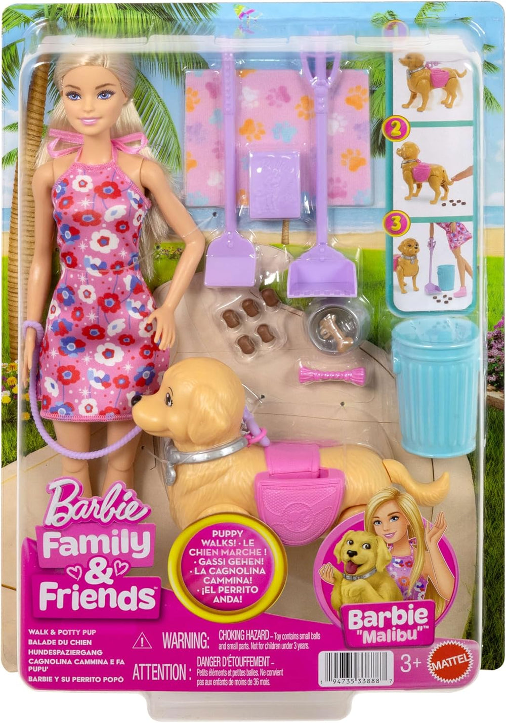 Barbie Hundespaziergang Spielset, enhtät einen Spielzeughund der gehen und Häufchen Machen kann, una Barbie Malibu-Puppe sowie EIN Kehrset und Hundezubehör, JJB46