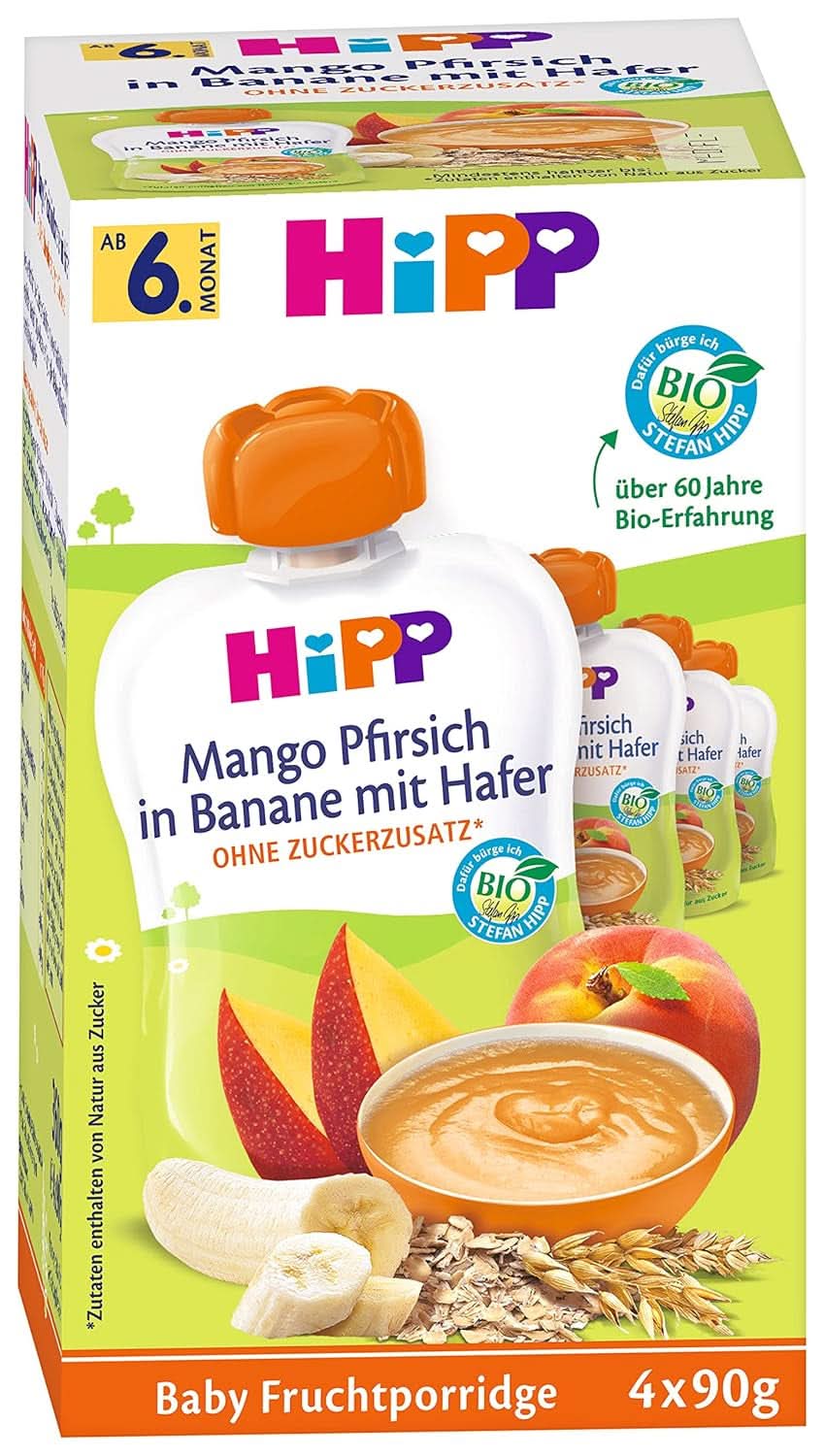 Hipp squeeze bolsitas para bebés, papilla de frutas, melocotón mango en plátano con avena, fruta 100% ecológica sin azúcares añadidos, 4 x 4 bolsas de 90 g Madre e Hijo Naty Shop 16 x 90 gramos Papilla de frutas mango melocotón en puré de plátano con avena