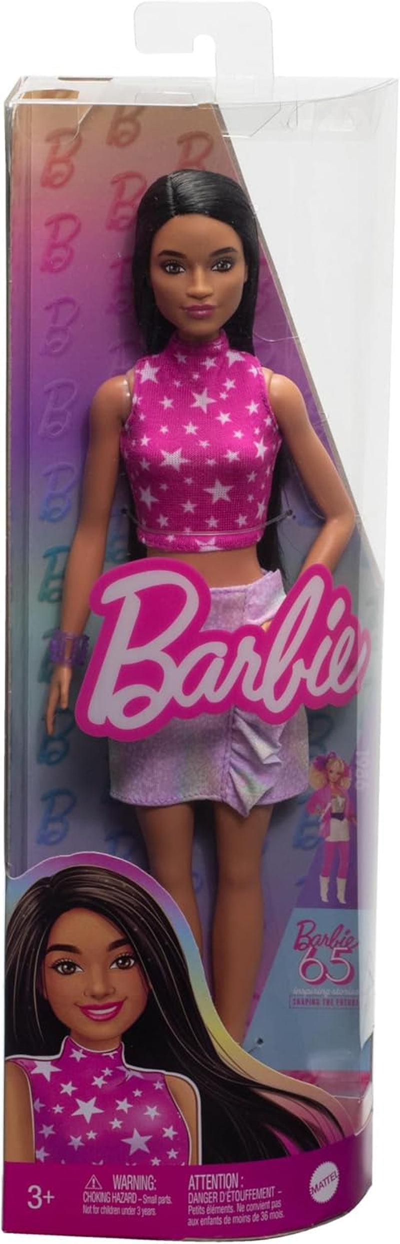 Muñeca Barbie Fashionistas núm. 215 con pelo negro liso, top con estampado de estrellas rosa y falda iridiscente, muñeca coleccionable de 65 cumpleaños HRH13 Naty Shop Dolls
