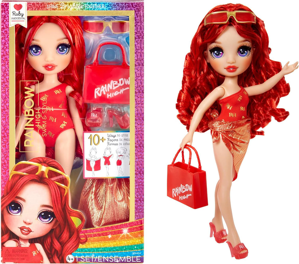 Rainbow High Swim & Style - Ruby (rojo) - Muñeca de 28 cm de altura con pareo brillante, se puede usar de más de 10 maneras - traje de baño extensible, sandalias, accesorios de juego - juguete - ideal de 4 a 12 años Naty Shop Rubin Dolls