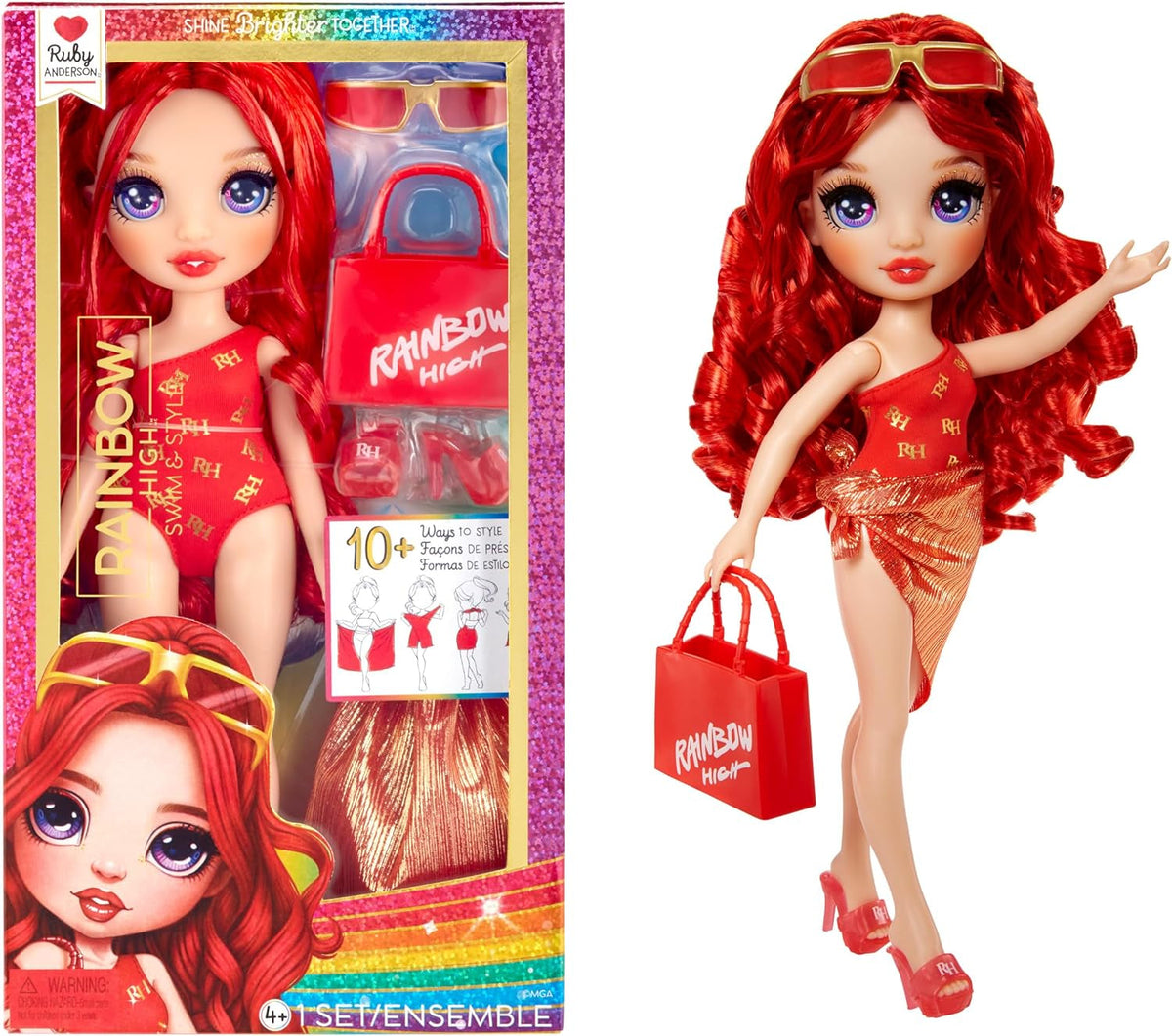 Rainbow High Swim & Style - Ruby (rojo) - Muñeca de 28 cm de altura con pareo brillante, se puede usar de más de 10 maneras - traje de baño extensible, sandalias, accesorios de juego - juguete - ideal de 4 a 12 años Naty Shop Rubin Dolls