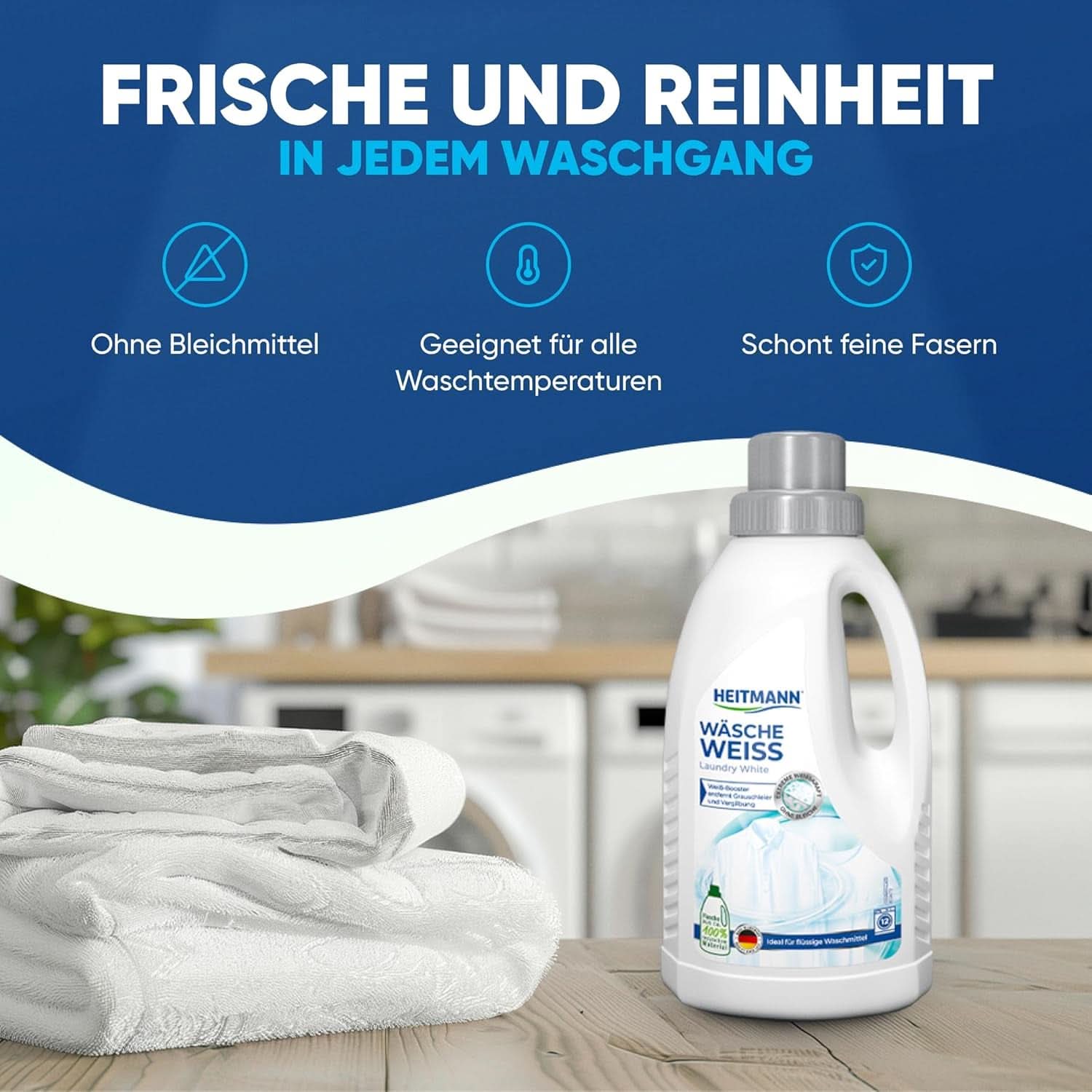 Înălbitor de rufe HEITMANN: Înălbitor lichid cu putere de albire pentru ceață gri și îngălbenire, fara clor, 500 ml Detergenti Rufe Naty Shop