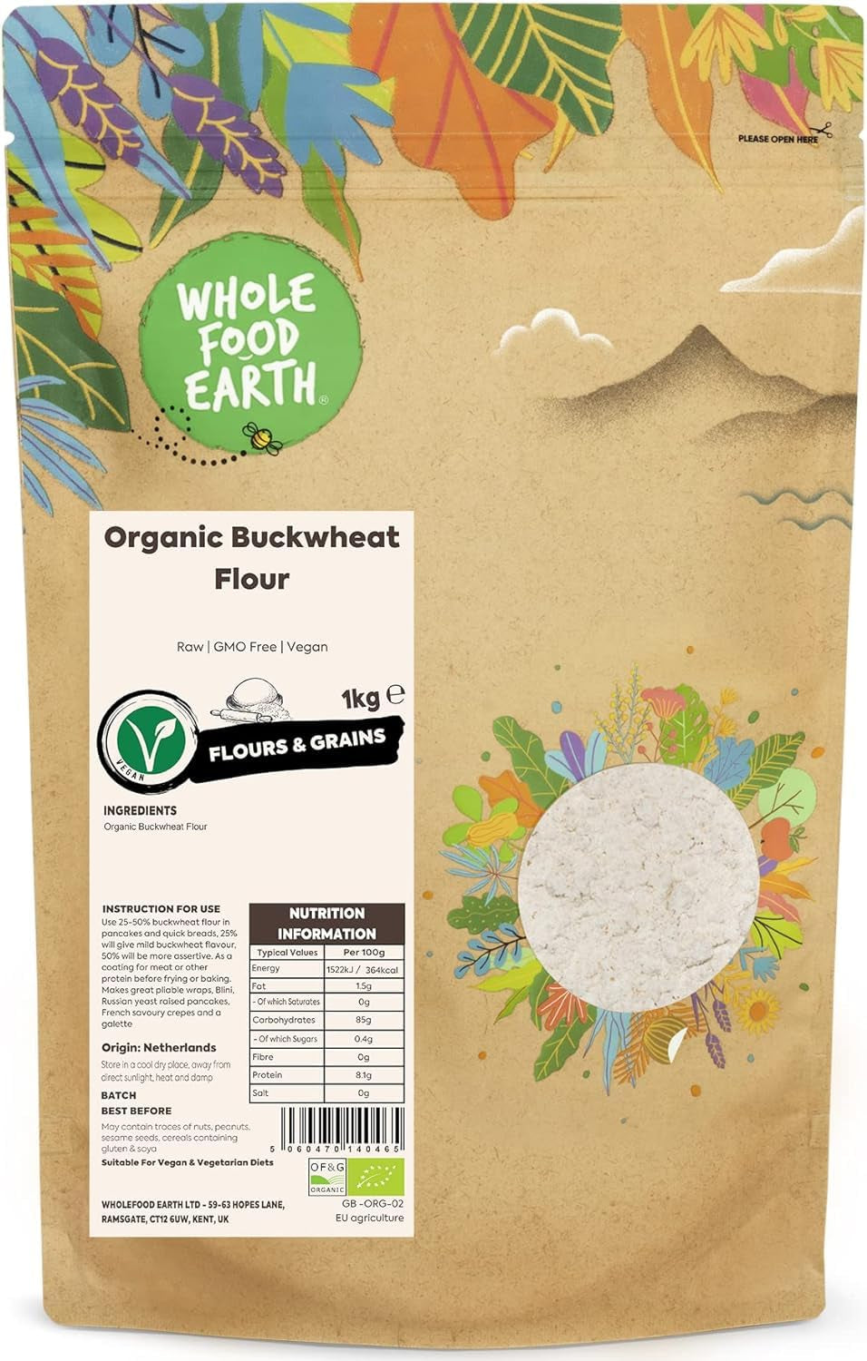 Wholefood Earth harina de trigo sarraceno ecológica 1kg | Crueles | Sin OGM | Vegano | Certificado orgánico