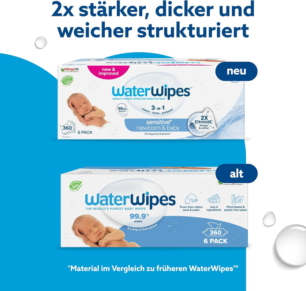 WaterWipes Sensitive+ Toallitas húmedas para recién nacidos y bebés, 360 piezas (paquete de 6), limpieza, cuidado, protección 3 en 1, 99,9% agua, sin fragancia