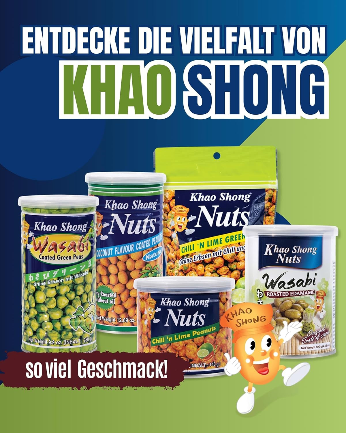 Khao Shong Guisantes verdes fritos con wasabi, guisantes crujientes rebozados picantes, una alternativa baja en grasa a las nueces, picante medio, 1 lata de 140 g | 140 gramos (1 paquete)