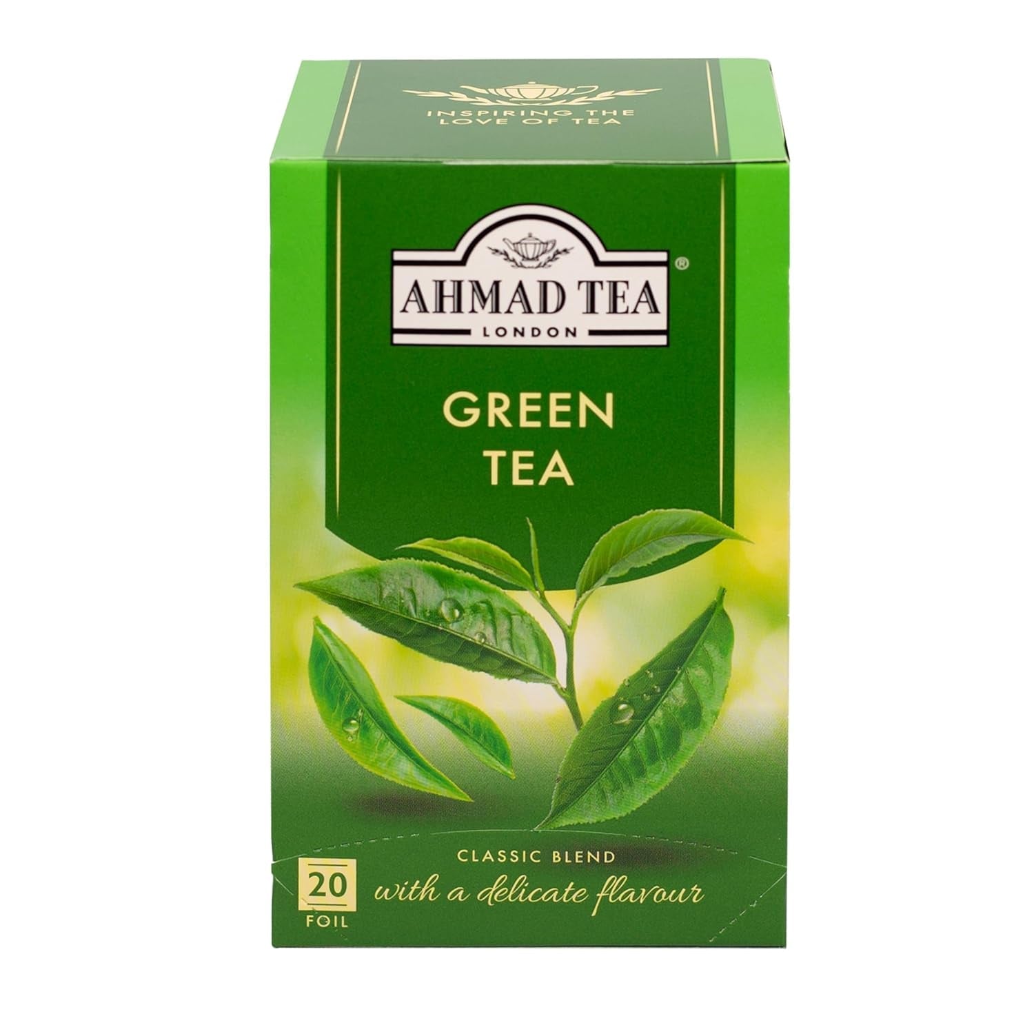 Ahmad Tea - Ceai verde - Pliculețe de ceai ambalate individual, cu aromă sigilată, conținând 2 g de ceai per porție - 20 de pliculețe de ceai cu bandă