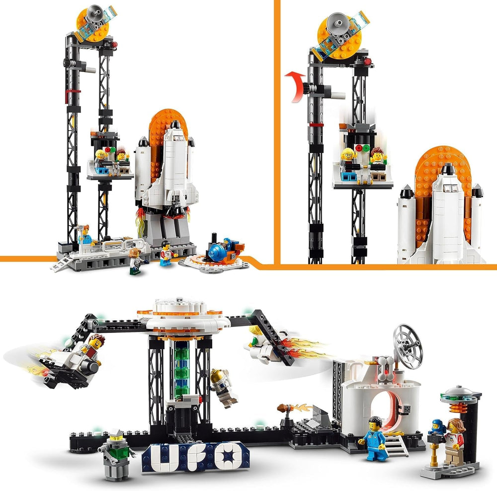 LEGO 31142 Creator Kit de juguetes de montaña rusa espacial 3 en 1 para niños con carros funcionales, se convierte en una torre de caída libre o carrusel con cohetes y ladrillos brillantes Juegos de construcción Besuche den LEGO-Store