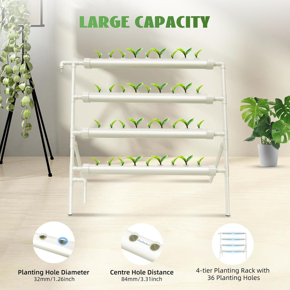 Sistema hidropónico, kit de cultivo hidropónico en torre, soporte para macetero de 4 niveles con 36 agujeros para plantar, sistemas de cultivo de plantas sin suelo para jardín, oficina y otros espacios interiores y exteriores