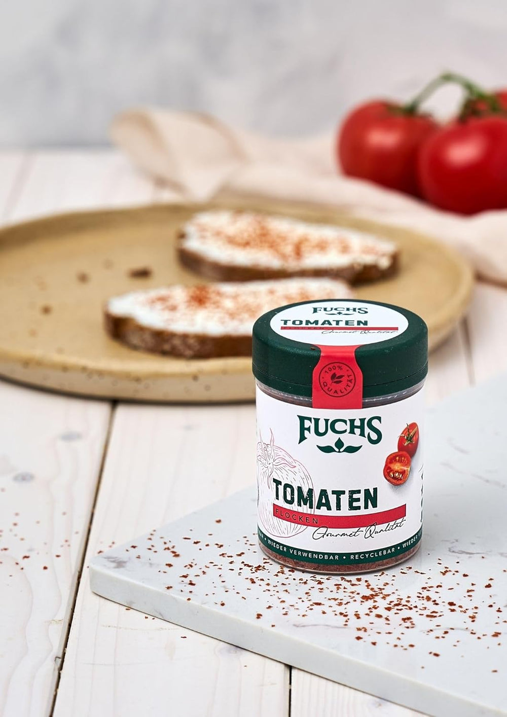 Fuchs Gewürze - Tomaten Flocken - Gewürz für Ofenfeta oder tomatigen Geschmack in Saucen - Ingredientes naturales - 40 g en wiederverwendbarer, recyclebarer Dosis