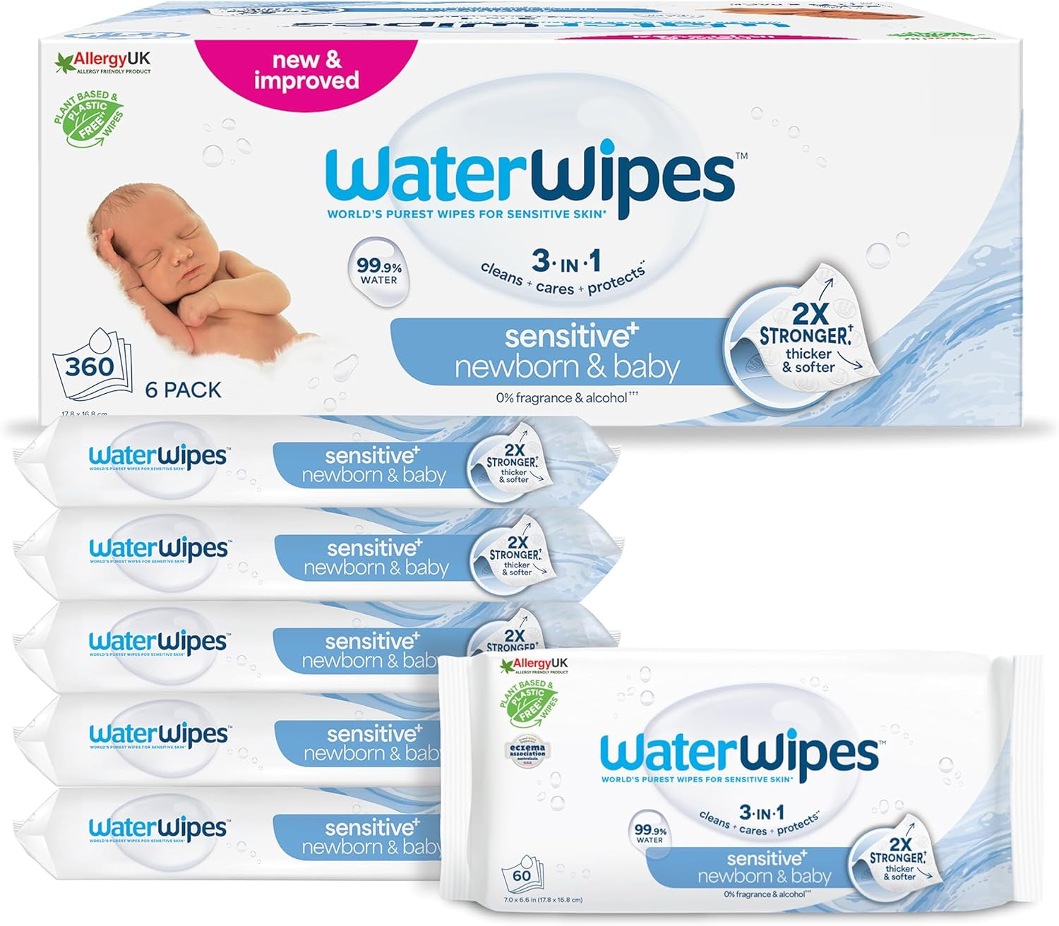 WaterWipes Sensitive+ Toallitas Húmedas para Recién Nacidos y Bebés, 540 Piezas (9 Paquetes), 3 en 1 Limpieza, Cuidado, Protección, 99,9% Agua, Sin Fragancia