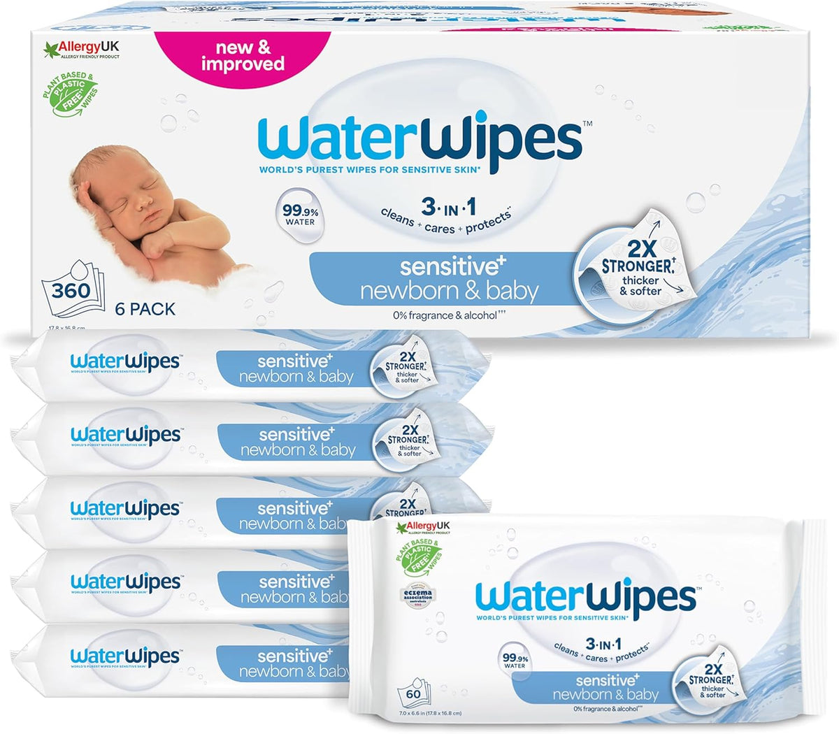 WaterWipes Sensitive+ Toallitas húmedas para recién nacidos y bebés, 360 piezas (paquete de 6), limpieza, cuidado, protección 3 en 1, 99,9% agua, sin fragancia