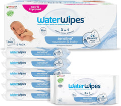 WaterWipes Sensitive+ Toallitas húmedas para recién nacidos y bebés, 360 piezas (paquete de 6), limpieza, cuidado, protección 3 en 1, 99,9% agua, sin fragancia