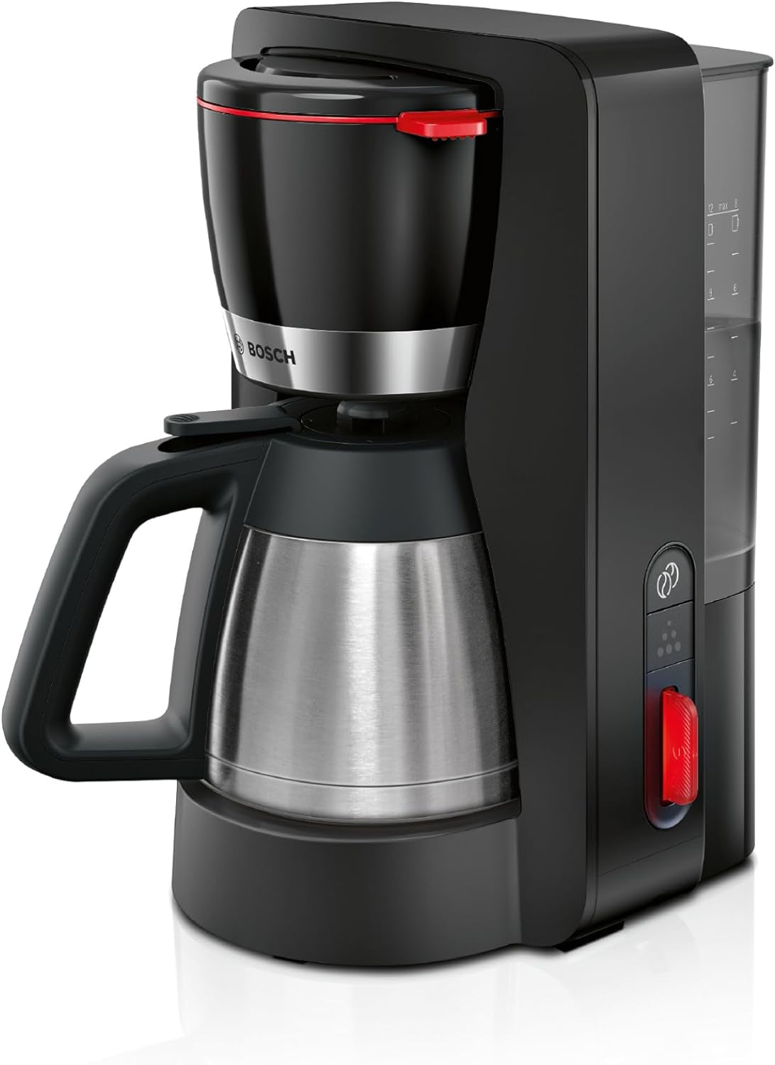 Espressor cu filtru Bosch MyMoment TKA6M273, carafă termică de 1L, pentru 8-12 cești, sistem anti-picurare, suport pentru filtru rotativ, program de detartrare, rezervor de apă detașabil, 1200 wați, negru mat