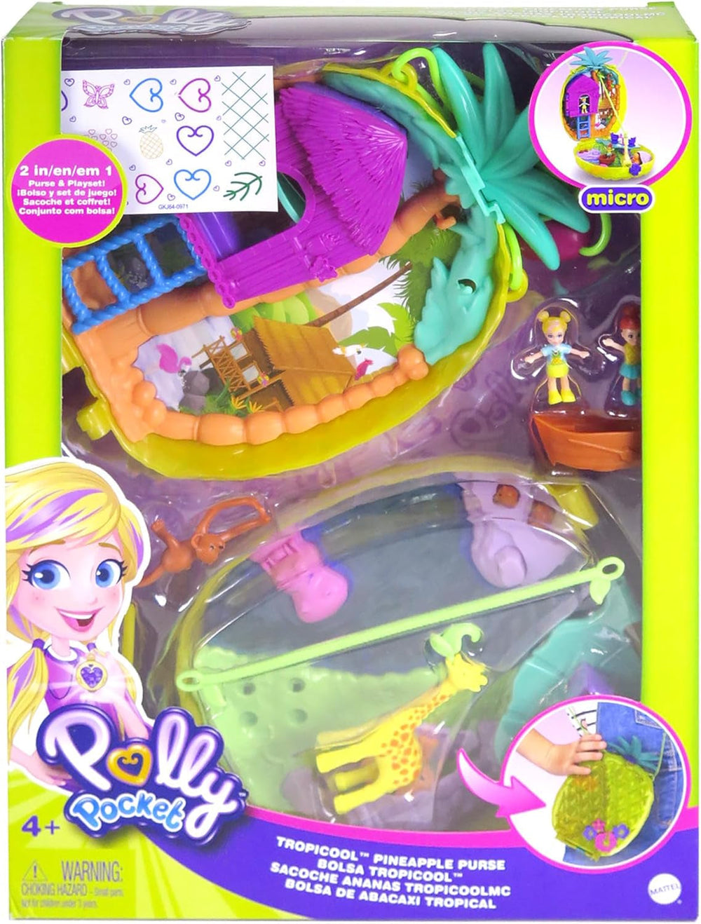 Polly Pocket GKJ64 - Cutie de buzunar cu ananas, portabilă, cu 8 funcții distractive, păpușile Polly și Purple, 2 accesorii și foaie de autocolante; jucărie pentru copii de 4 ani și peste Papusi Naty Shop