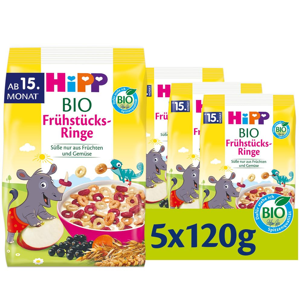 Aros de desayuno ecológicos HiPP (5 x 120g), muesli para niños a partir de 15 meses, endulzados únicamente con frutas y verduras, de la mejor calidad ecológica