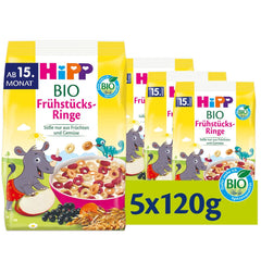 Aros de desayuno ecológicos HiPP (5 x 120g), muesli para niños a partir de 15 meses, endulzados únicamente con frutas y verduras, de la mejor calidad ecológica