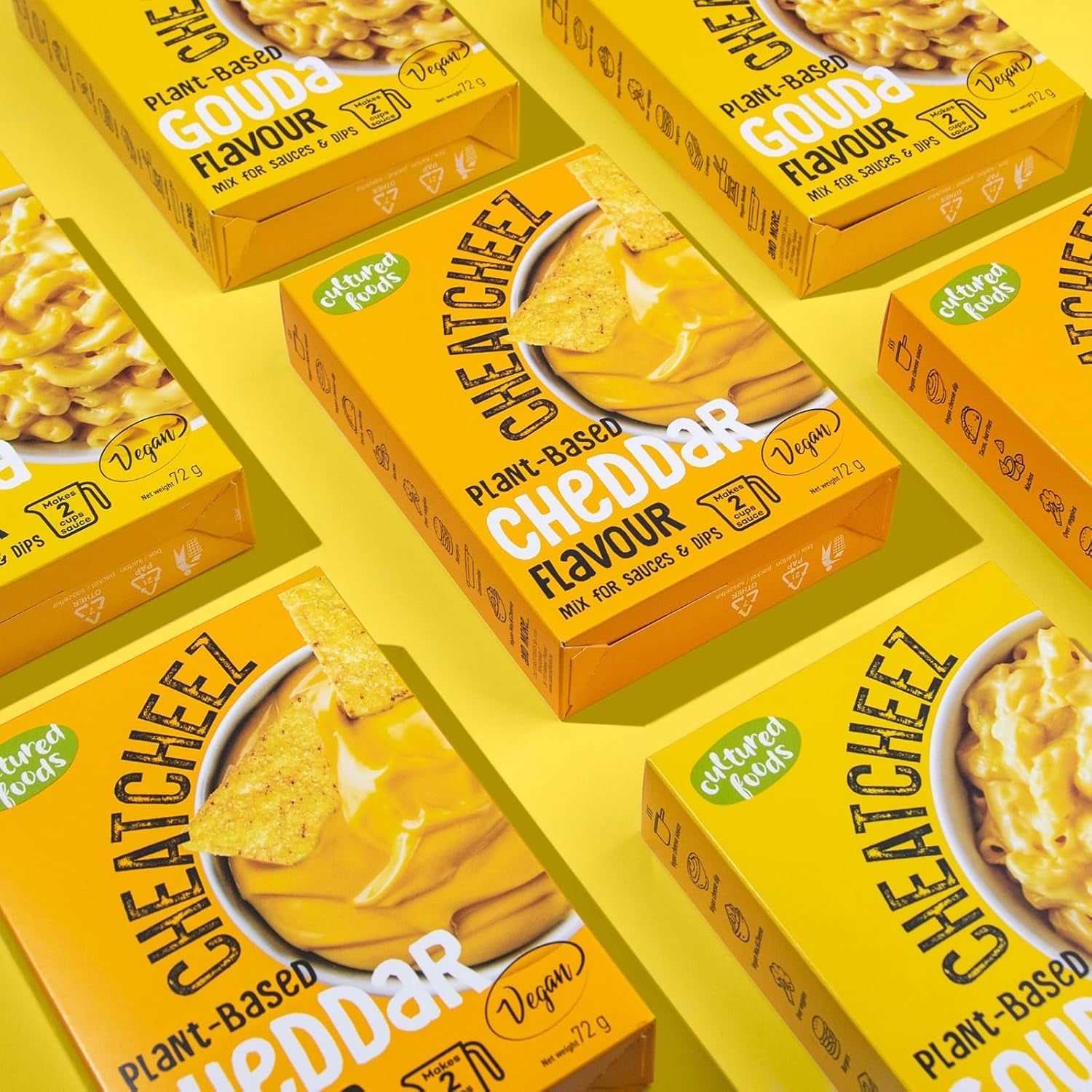 Cultured Foods Vegan Set de 3 macarrones con queso veganos, salsa gouda, salsa cheddar, macarrones sin gluten sin lactose y queso CHEATCHEEZ