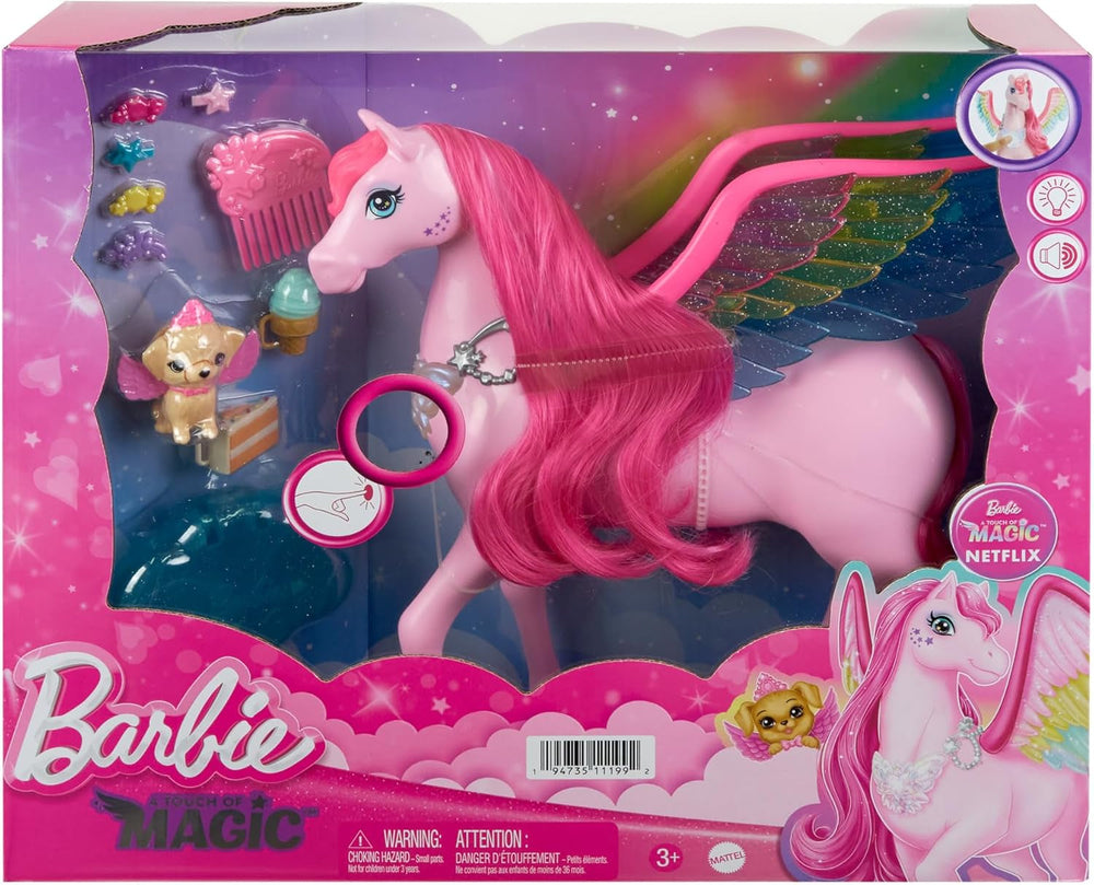 Barbie A Hidden Magic Pegaso - Juguete interactivo con luces y sonidos, 10 accesorios, alas de arcoíris, para niños a partir de 3 años, HLC41 Naty Shop Muñecas