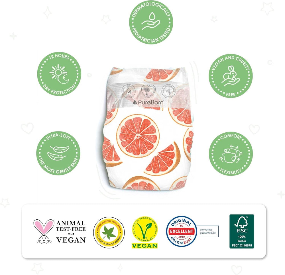 Pañales Pureborn Eco de bambú orgánico, talla para recién nacido hasta 5 kg, ultra suaves, hipoalergénicos, con indicador de humedad, varios estampados Madre e Niño Naty Shop