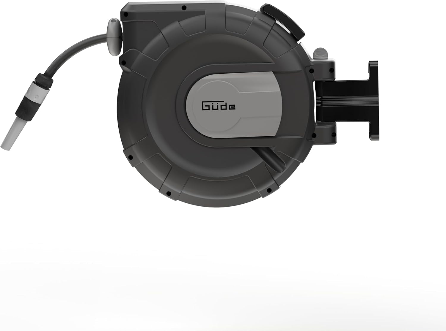 Rolă automată pentru furtun Güde 30-2-2 1/2 (rotație la 180°, pentru montare pe perete, furtun de 30 m, pulverizator de apă, suport de perete, retragere automată, opritor retragere, mâner de transport, 2 cuplaje rapide)