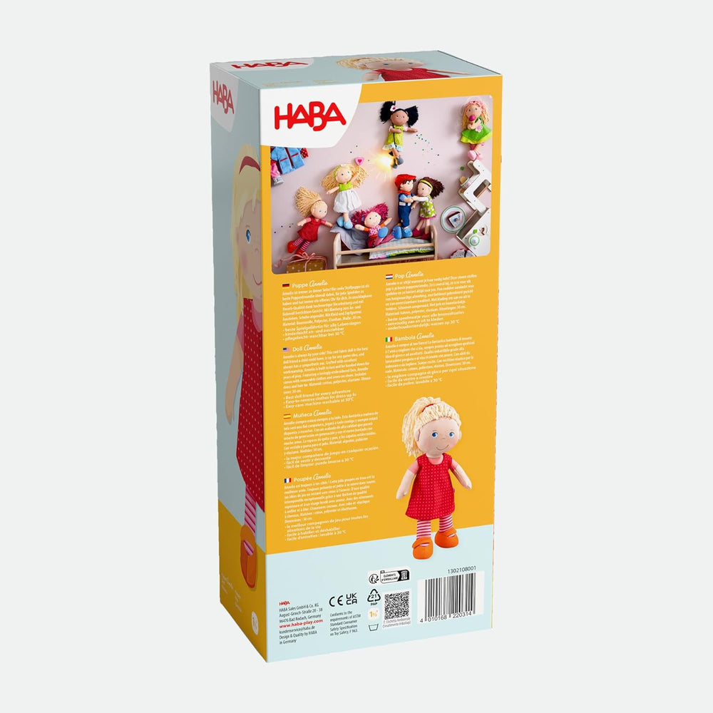 HABA Stoffpuppe Annelie – Weiche Puppe mit Haaren zum Stylen – Mit wechselbarer Kleidung – Ab 18 Monaten – 30 cm – Waschbar – 1302108001