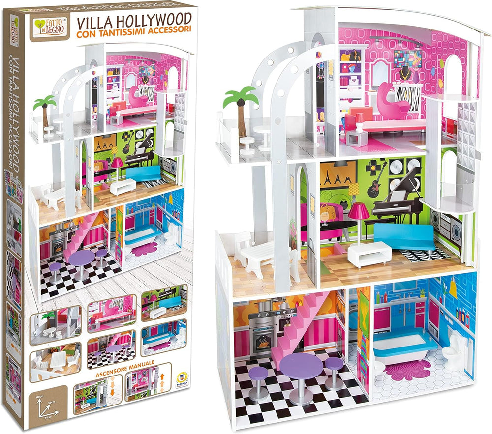 Teorema 40642 - Casa de papusi Tema Hollywood, 4 camere, Cu accesorii din lemn, Ridicare manuala, Inaltime 110 Cm Casute de papusi Naty Shop