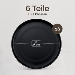 Set de farfurii din gresie pentru 6 persoane - set de 6 piese negru mat, farfurii mari, potrivite pentru cuptorul cu microunde, design elegant - Colecția Twinzee Ebony