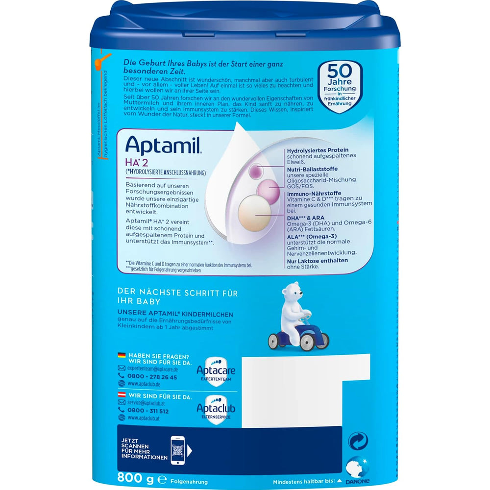 Aptamil HA 2 – Fórmula de continuación después de 6 meses, con Omega 3 y 6, DHA, ARA y ALA, Sin lactosa, Sin aceite de palma, Papillas, Leche en polvo, 1 x 800 g (Paquete de 4)