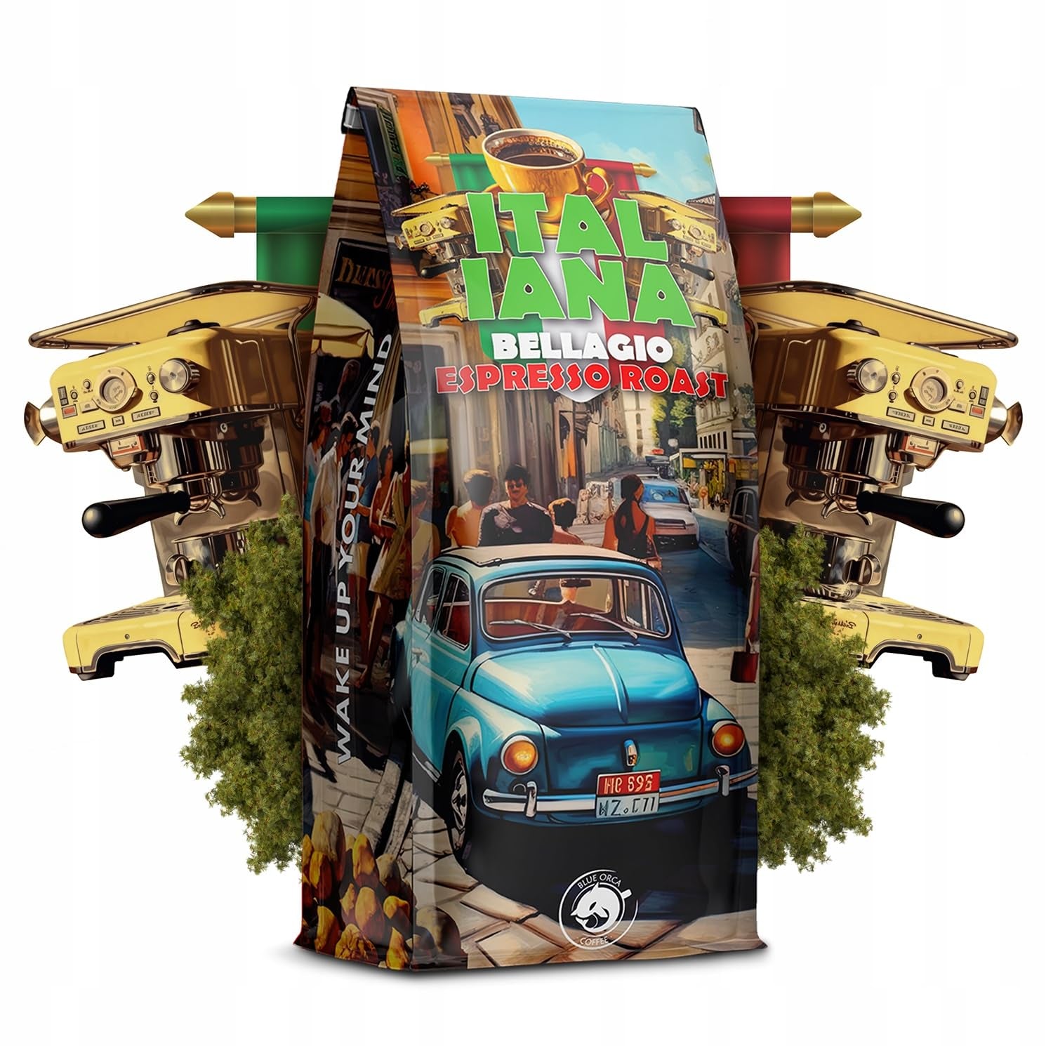 Boabe de cafea prăjite Italiana Bellagio 1kg | 80% Arabica și 20% Robusta | cu note de nuci și ciocolată neagră | proaspăt prăjită, aciditate scăzută | pentru aparate de cafea | Blue Orca Coffee