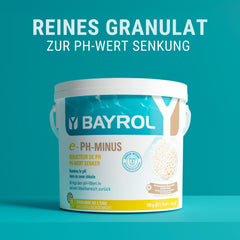 BAYROL e-pH-Minus granulado 6 kg - reduce rápida y eficazmente los niveles excesivamente altos de pH en piscinas - fácil dosificación directamente en el agua - incluye vaso dosificador - reductor de pH - ajuste de pH para piscinas
