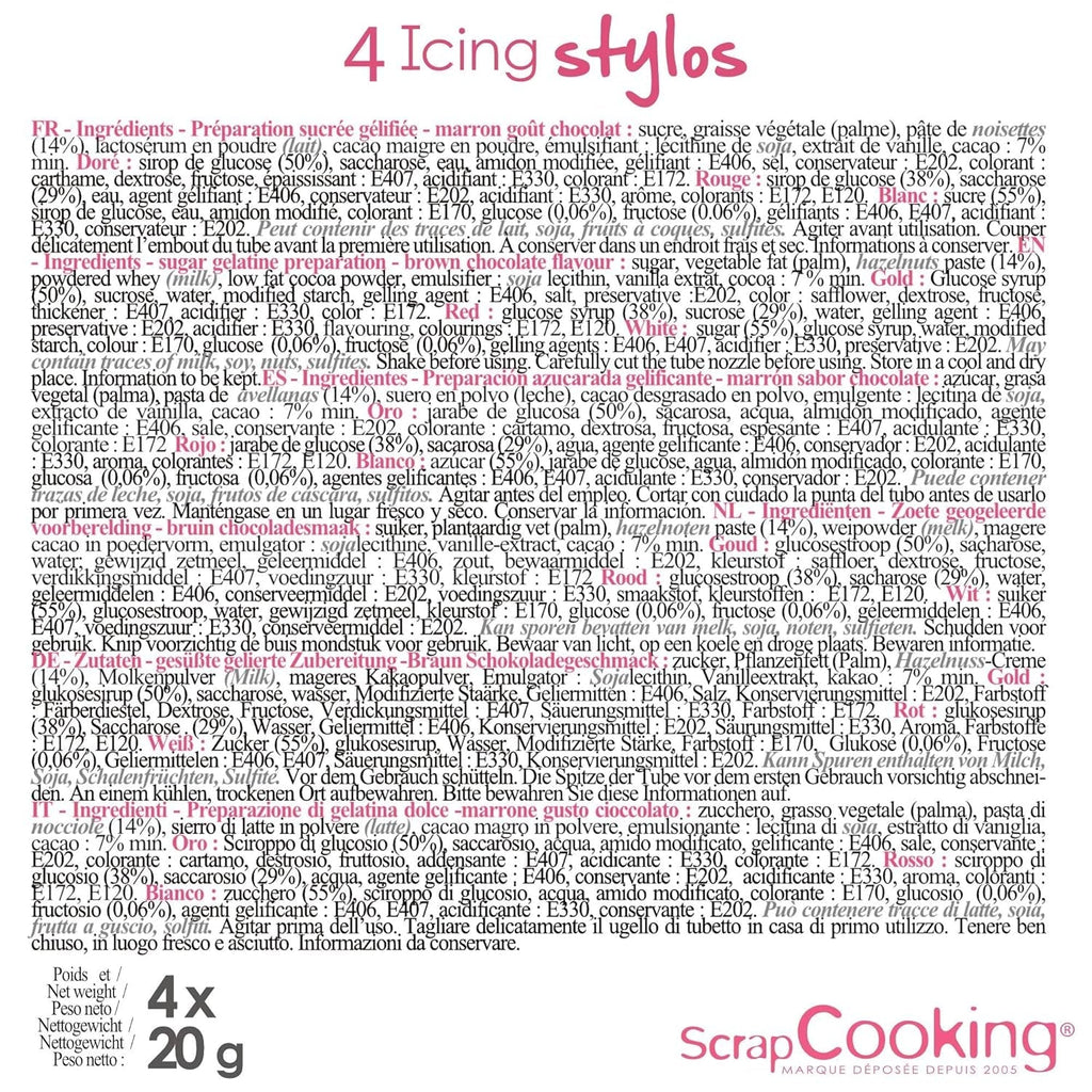 Scrapcooking – 4 markere pentru piese: auriu, ciocolatiu, alb și roșu – pixuri decorative comestibile pentru scris și desenat pe deserturi, prăjituri și biscuiți