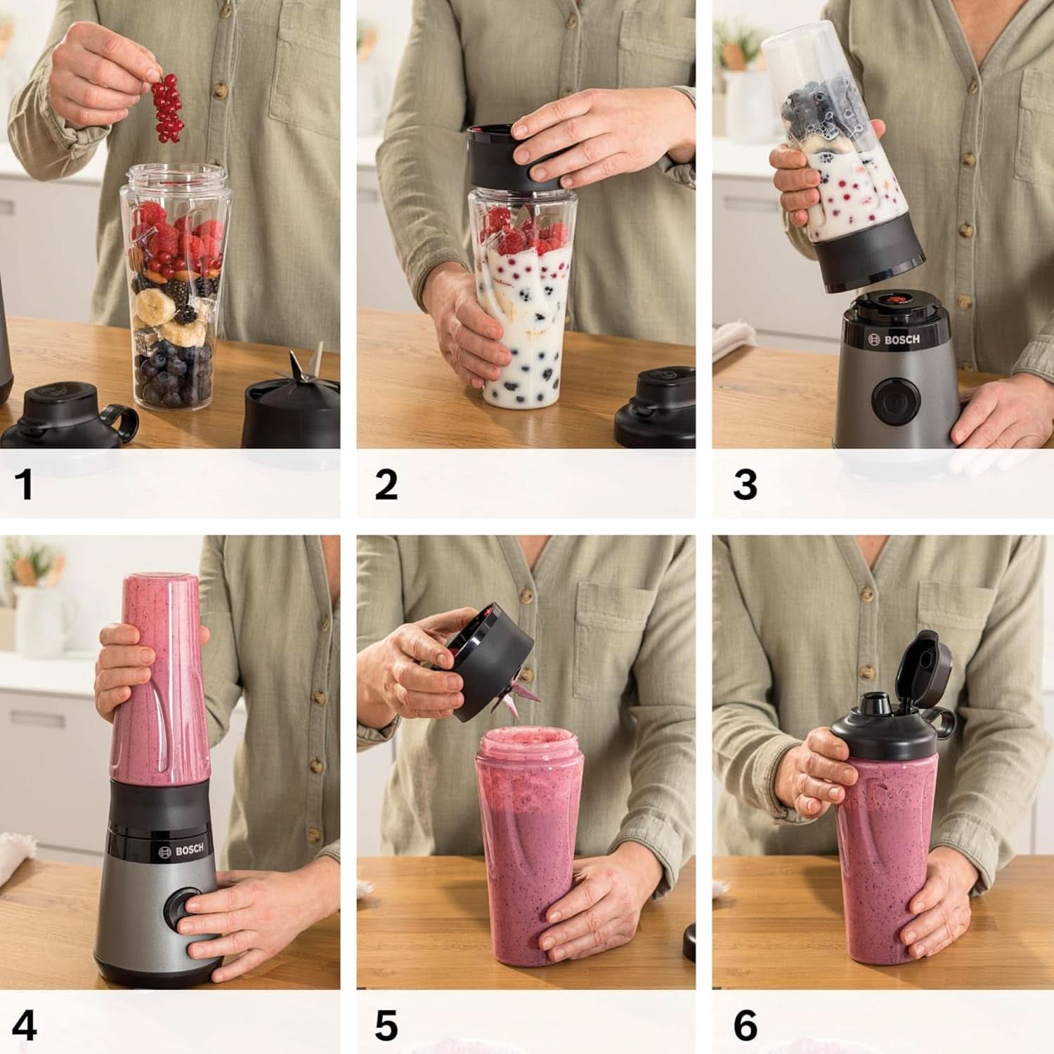 Bosch Minibatidora con base Vitapower Serie 2 MMB2111S, Batidora de alta velocidad, Bis Zu 40.000 rpm, Tritan Togo-Flasche 0,6 L, Trinkdeckel, Bruchsicher, Spülmasch.Geeignete Teile, 450W, Plata/Negro Cocina Naty Shop