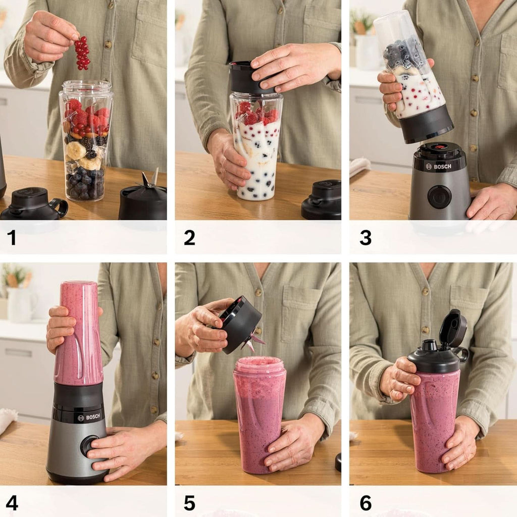 Bosch Mini-Standmixer Vitapower Serie 2 MMB2111S, Highspeed-Mixer, Bis Zu 40.000 Rpm, Tritan Togo-Flasche 0,6 L, Trinkdeckel, Bruchsicher,Spülmasch.Geeignete Teile, 450W, Silber/Schwarz Bucatarie Naty Shop