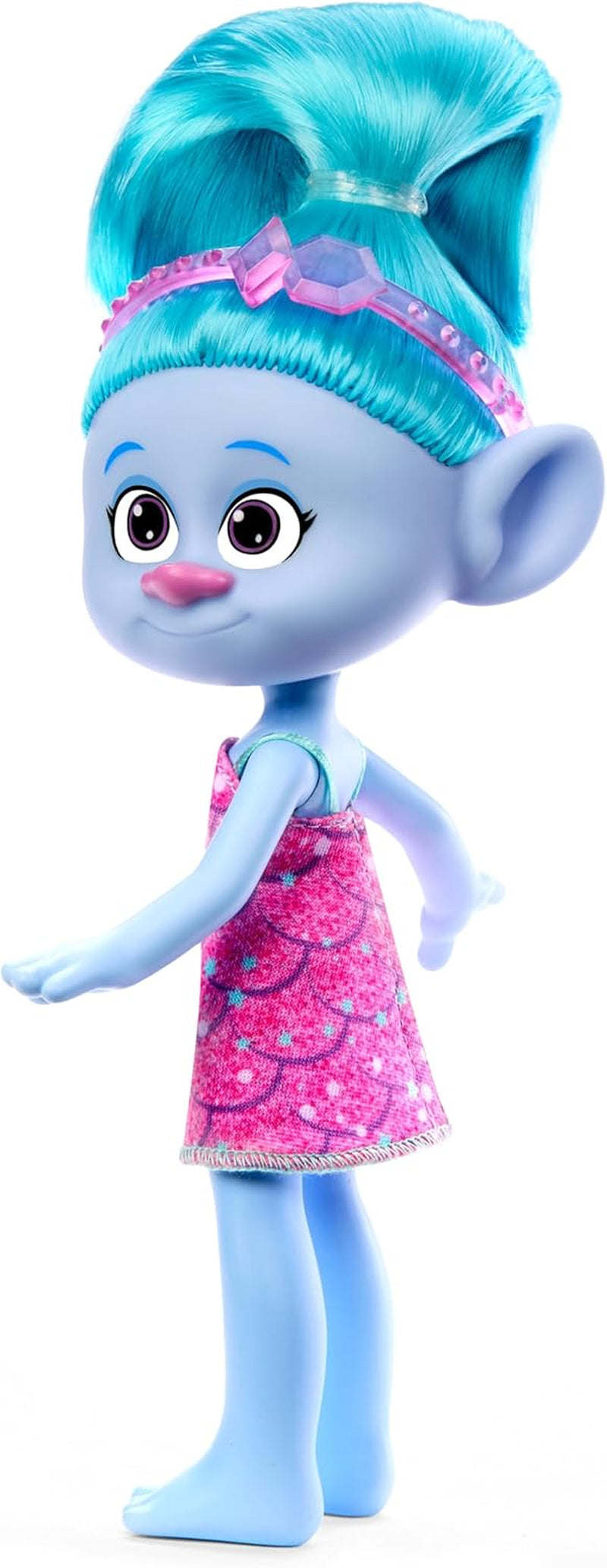 Mattel DREAMWORKS TROLLS Gemeinsam Stark – Haarige Überraschungen Chenille Puppe mit leuchtend blauem Haar zum Stylen, lila Stirnband, para niños de 3 años, HNF15