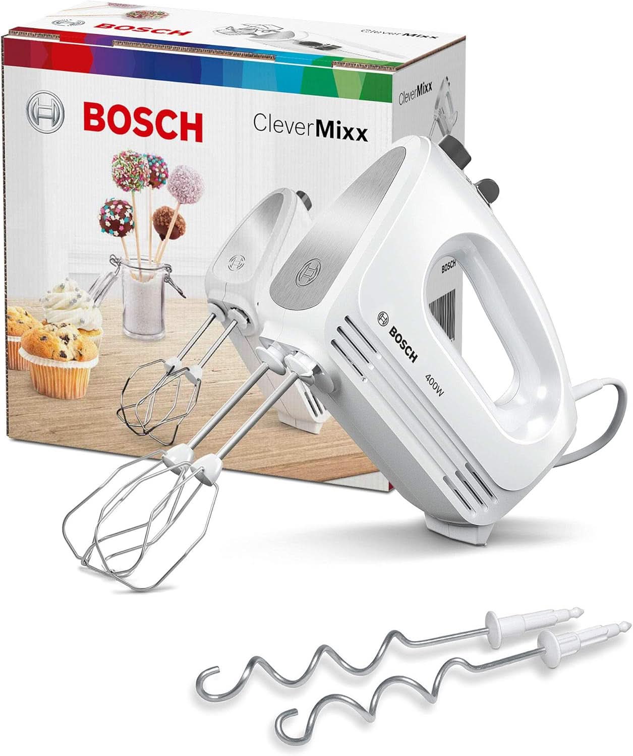 Bosch Hausgeräte Handrührer Clevermixx MFQ24200, 2 Rührbesen, 2 Spülmaschinengeeignet, 4 Stufen, Leicht, Leise, 400 W Weiß/Edelstahl Cocina Naty Shop