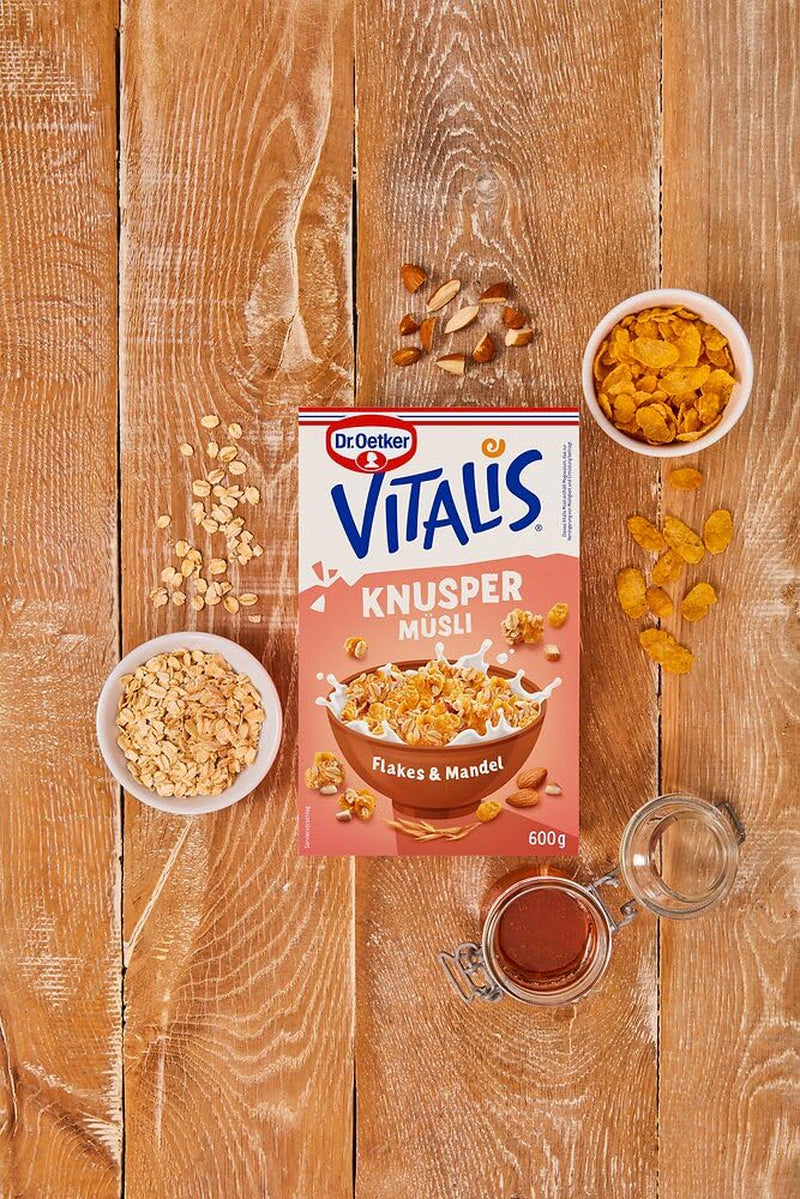 Dr. Oetker Vitalis Crunchy Flakes: muesli crujiente con copos de maíz y trozos de almendra, paquete de 5 (5 x 600 g)
