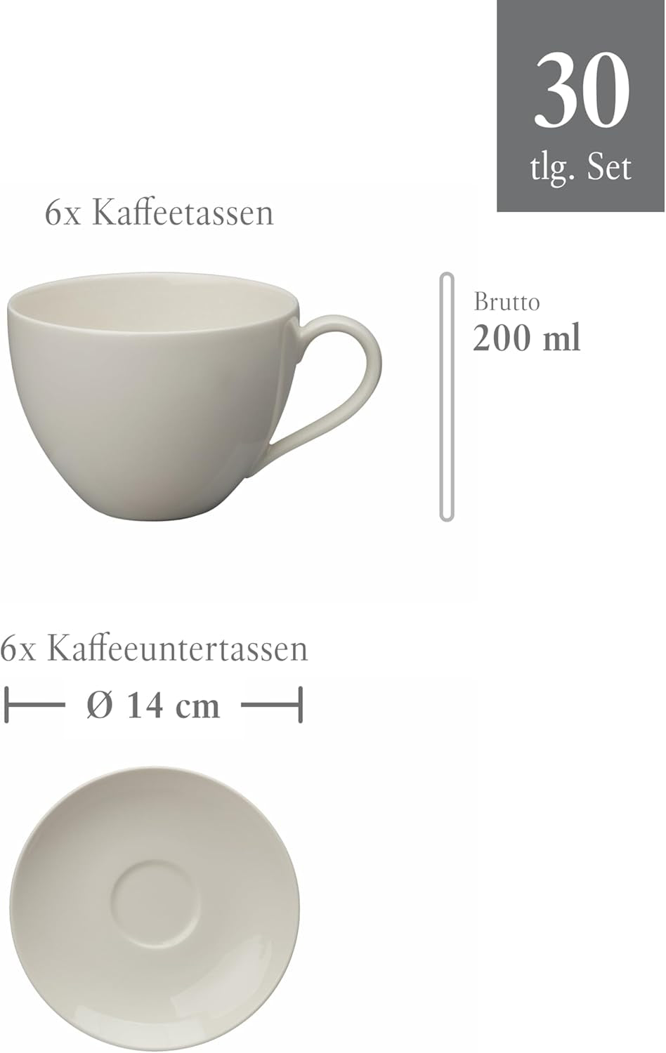 vivo - Villeroy & Boch Group - Set de veselă Basic White cu 30 de piese, potrivit pentru mașina de spălat vase și cuptorul cu microunde, Set de veselă alb, Set de cafea, Ceramică, Farfurii, Cești, Porțelan premium