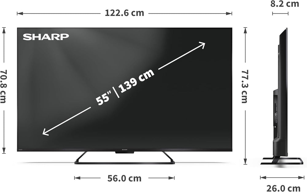 SHARP 55HR7365E – Google TV, 55" UHD, fără ramă, 144 Hz, QLED, HDR10, Dolby Vision HDR, Asistent Google cu microfon, Chromecast, Bluetooth, Dolby Atmos 2x12 W, HDMI 2.1 x4, USB x2, Culoare Negru