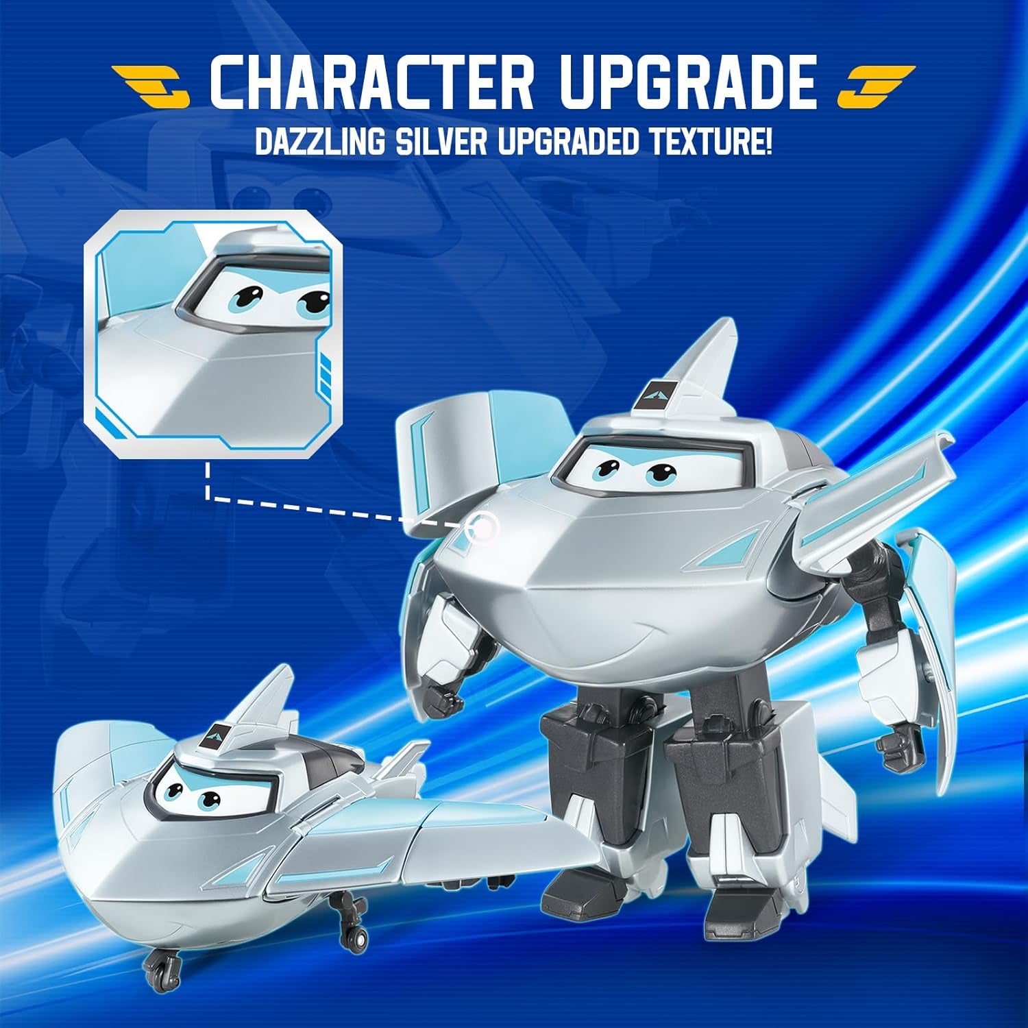 Avión de transformación Super Wings Traver sobrealimentado, aprox. Figura de juego grande para niños de 12,7 cm Figura de avión y robot de juguete para niños y niñas mayores de 3 años Figuras de acción plateadas Naty Shop