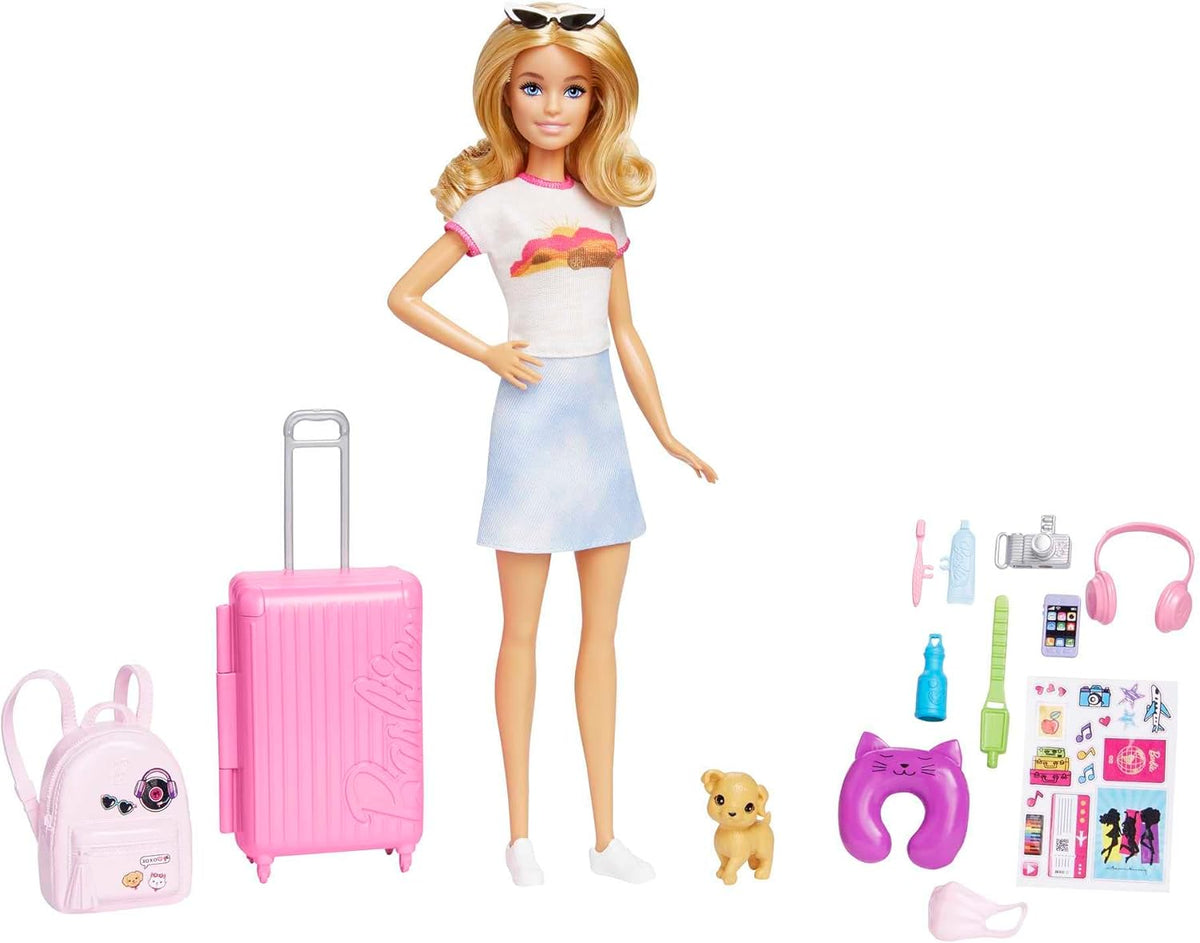 Păpușă Barbie, Barbie de călătorie cu păr blond, peste 10 accesorii de călătorie, autocolante, valiză, cățeluș, include 1 păpușă, cadou pentru copii, jucărie pentru vârsta de 3 ani și peste, HJY18