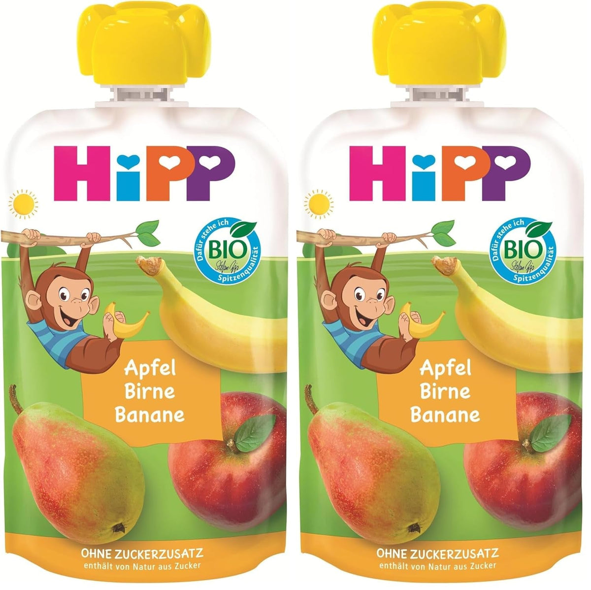 Pliculețe de fructe organice HiPP, stoarcibile, măr, pară, banană - Anton maimuța (8 x 100g), de la 1 an, piure de fructe 100%, fără zahăr adăugat, vegan, de cea mai bună calitate organică (pachet de 2)