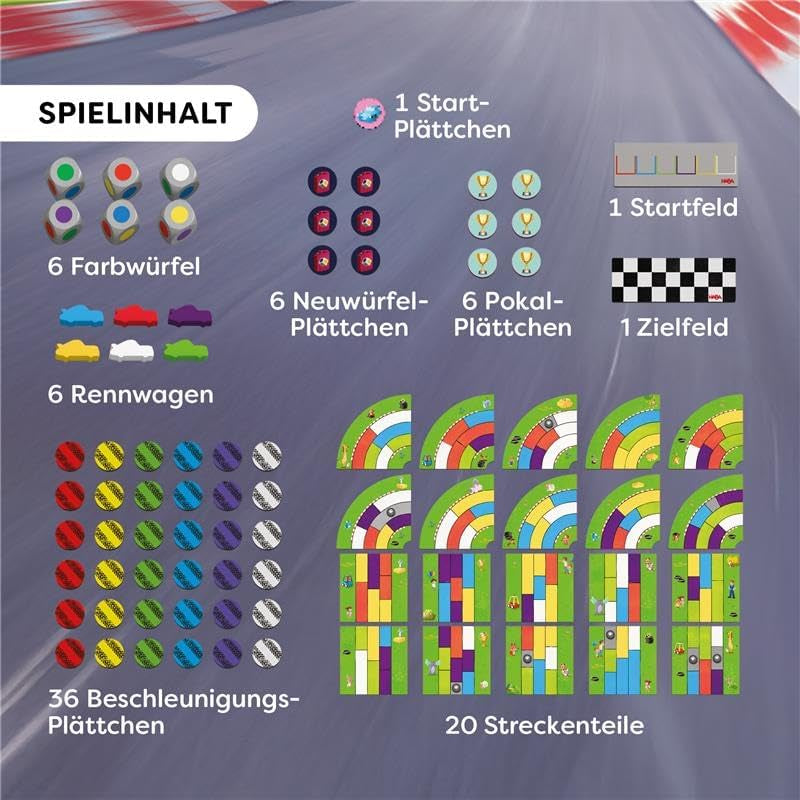 HABA Monza - Juego de mesa rápido y juego de carreras de coches para niños a partir de 5 años - Con 6 coches de madera de colores y dados de colores - 2012226001