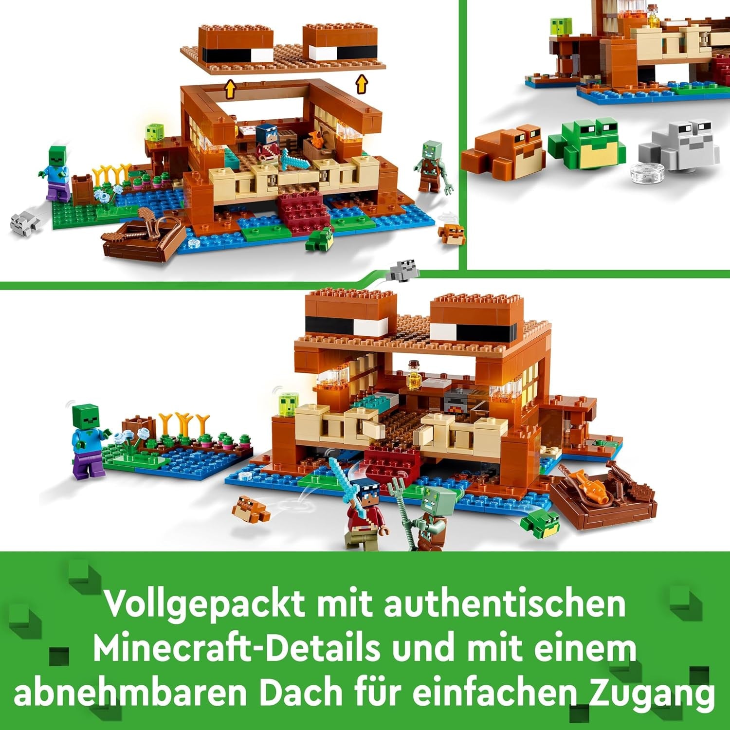 LEGO Minecraft La Casa de la Rana, casa de juguete con figuras que incluyen zombi, limo y hombre que se ahoga, además de accesorios como bote de juguete y banco de trabajo, regalo para niños y niñas a partir de 8 años 21256 Juegos de construcción Besuche den LEGO-Store